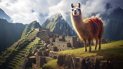 Llama on hilltop in front of Machu Picchu